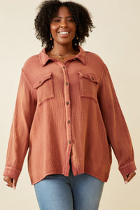 Plus Overdyed Textured Button Up Shirt Front