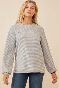 HK1443 Grey Womens Stripe Blocked Puff Sleeve Knit Top Front