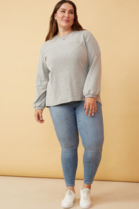 HK1443W Grey Plus Stripe Blocked Puff Sleeve Knit Top Full Body