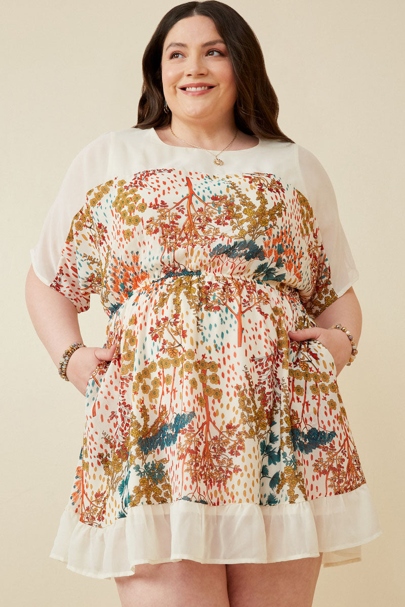 HK1597W IVORY Plus Contrast Tree Print Dolman Sleeve Dress Front