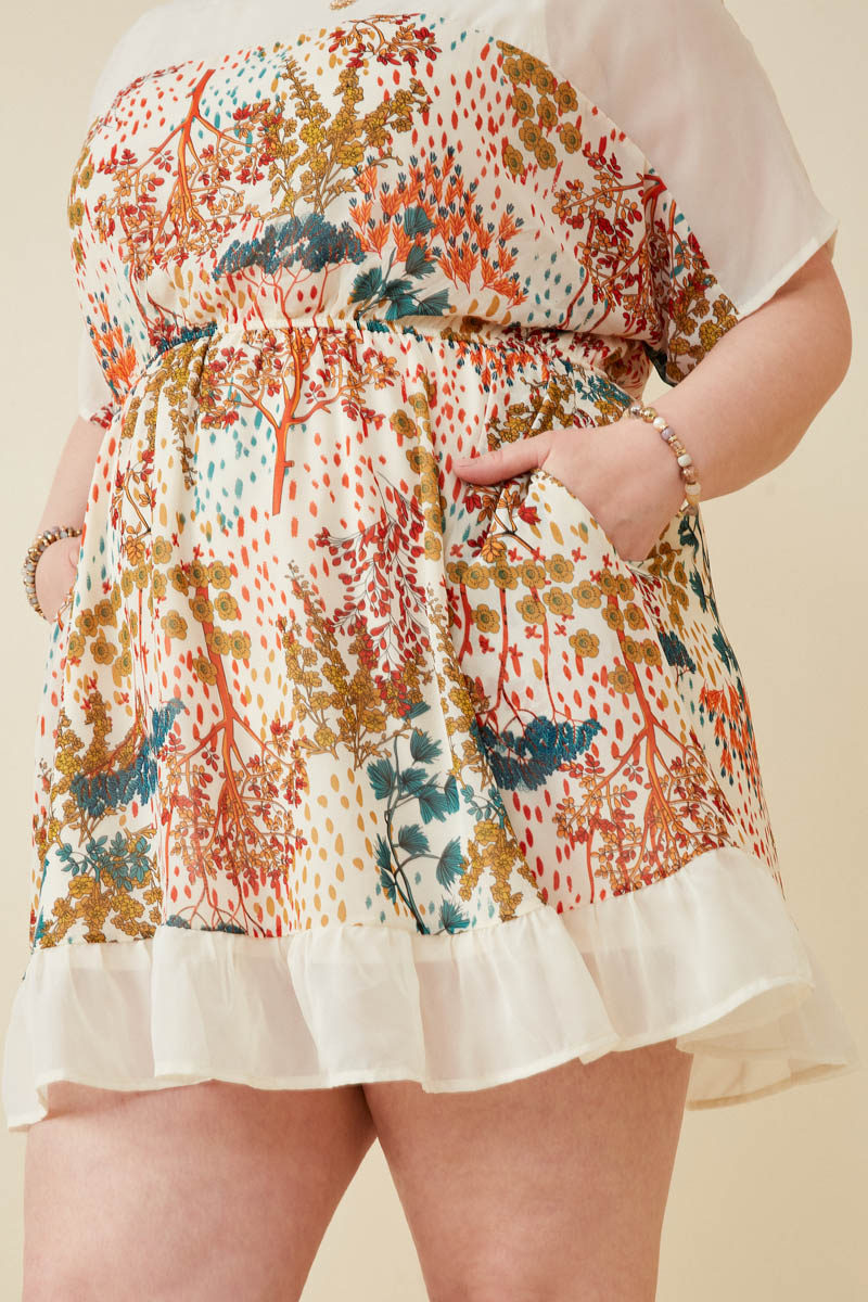 HK1597W IVORY Plus Contrast Tree Print Dolman Sleeve Dress Side