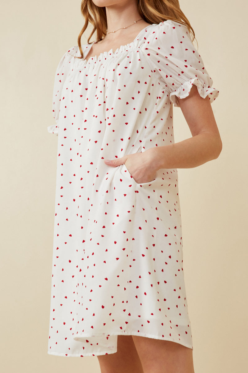 HK1689 Off White Womens Ditsy Hearts Square Neck Puff Sleeve Dress Back