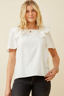 HK1736 Off White Womens Lace Trimmed Wide Ruffle Detail Top Front