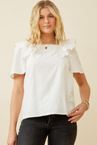 HK1736 Off White Womens Lace Trimmed Wide Ruffle Detail Top Front