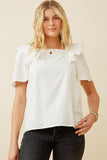 HK1736 Off White Womens Lace Trimmed Wide Ruffle Detail Top Front