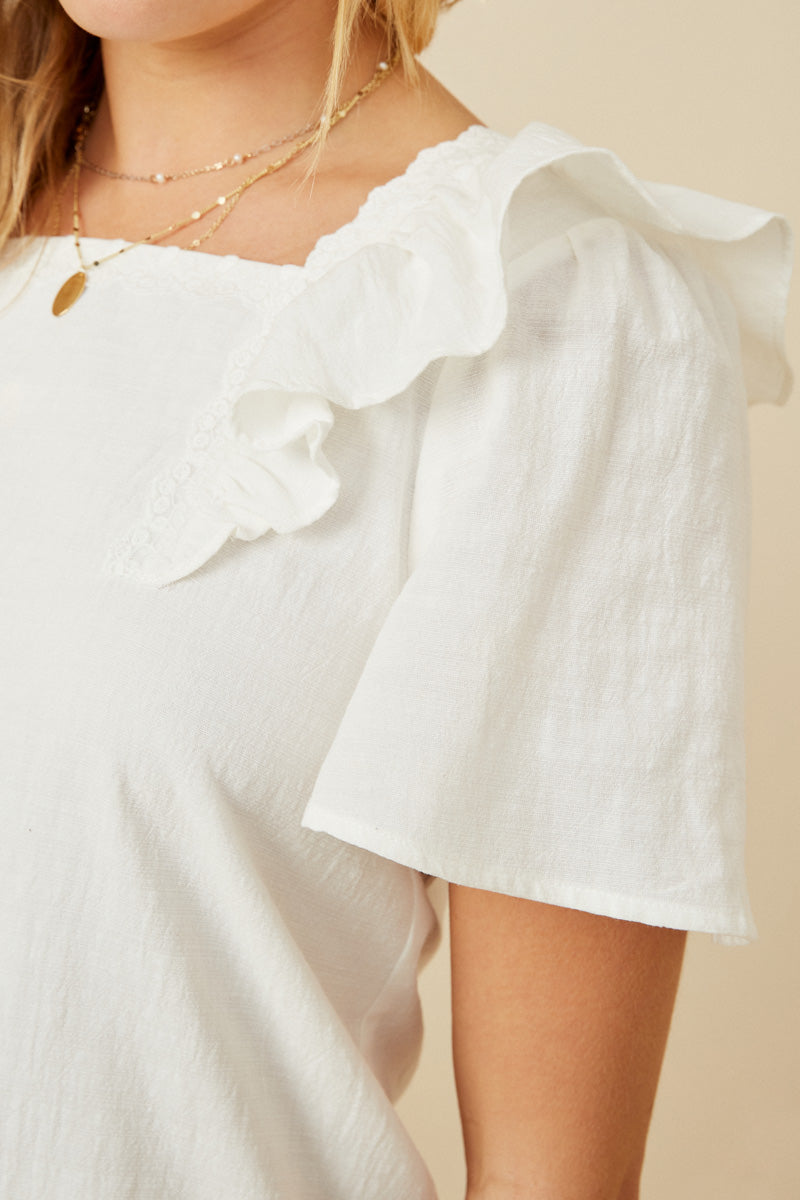 Lace Trimmed Wide Ruffle Detail Top