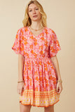 HK1808 Pink Womens Bordered Hem Floral Print V Neck Dress Front