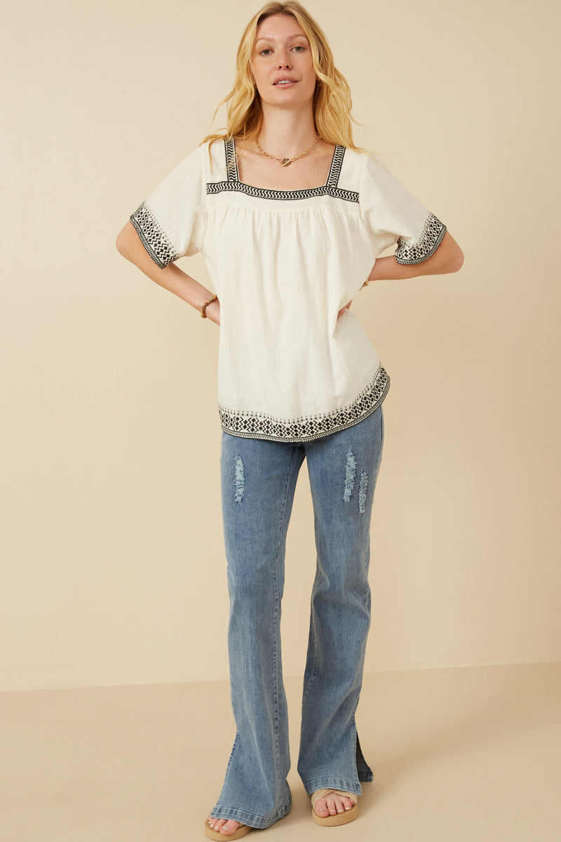 Cotton Slub Textured Embroidered Square Neck Top