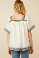 HK1809 Off White Womens Cotton Slub Textured Embroidered Square Neck Top Back