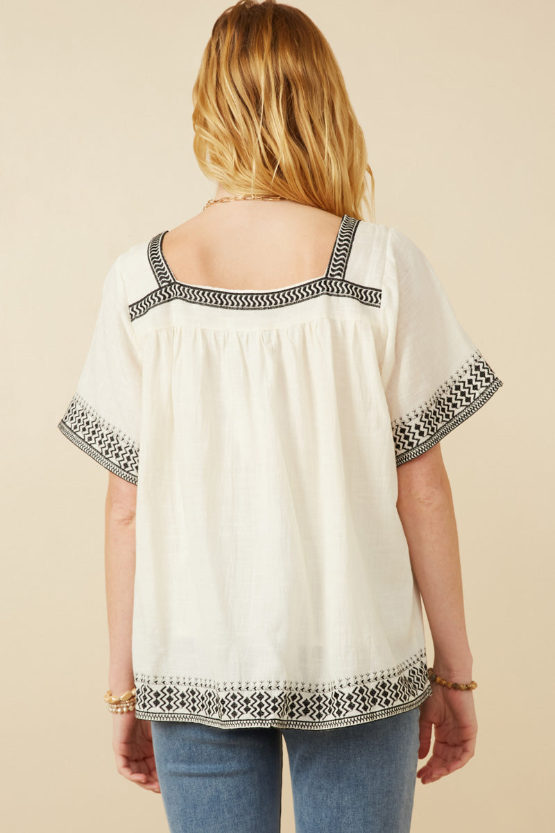 HK1809 Off White Womens Cotton Slub Textured Embroidered Square Neck Top Back