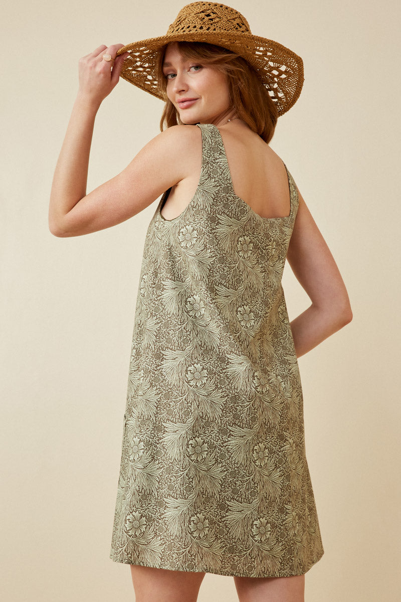 HK1859 Olive Womens Floral Print Button Detail Tank Dress Back