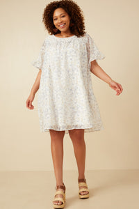 HK1878W Blue Mix Plus Light Floral Tulip Sleeve Dress Full Body