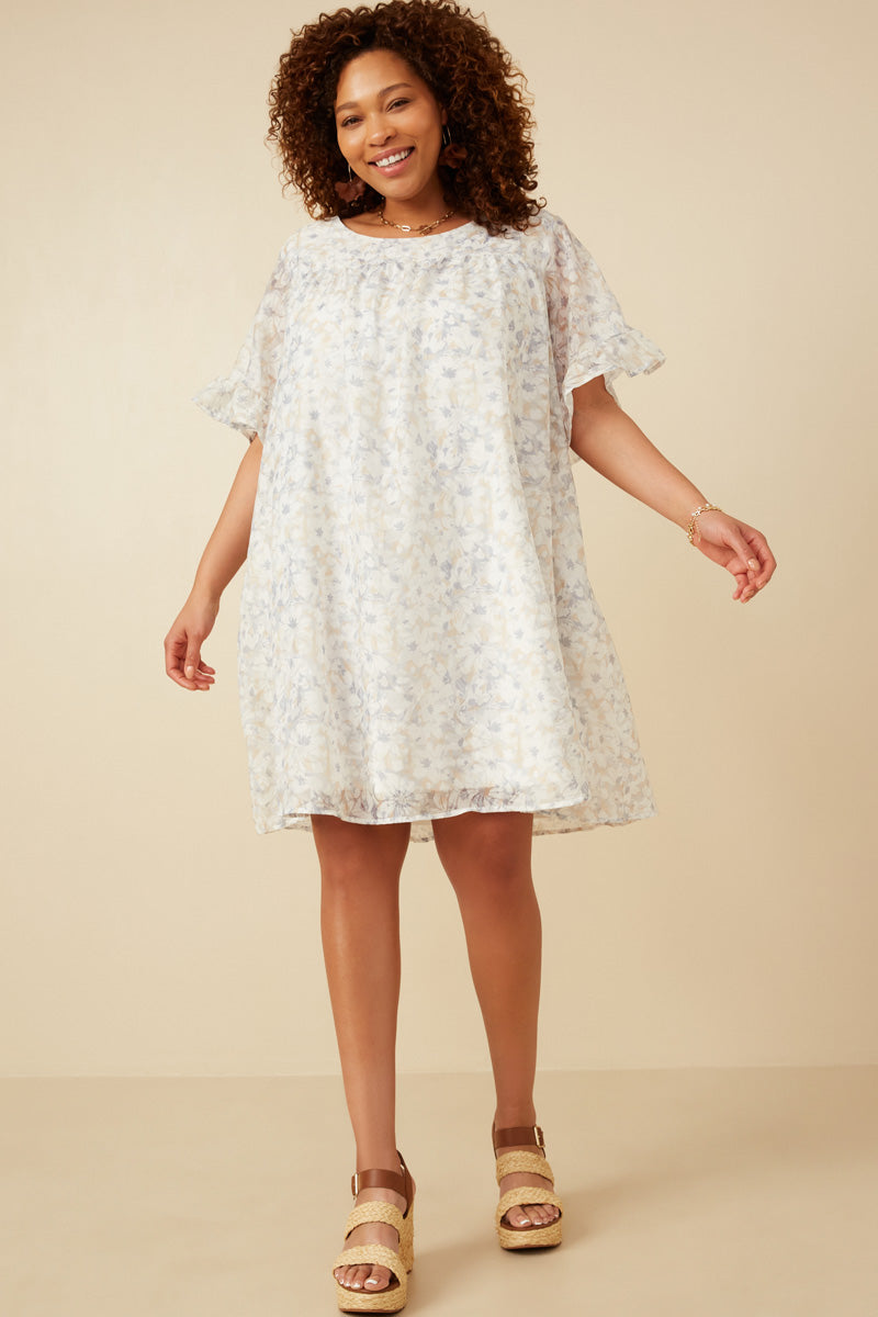 HK1878W Blue Mix Plus Light Floral Tulip Sleeve Dress Full Body