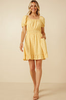 Womens Ditsy Print Button Detail Square Neck Puff Sleeve Dress Full Body