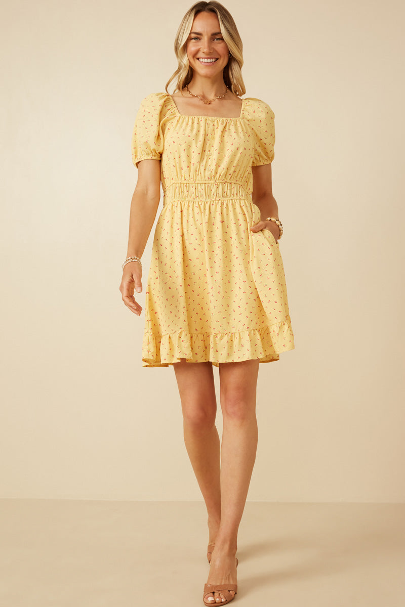 Womens Ditsy Print Button Detail Square Neck Puff Sleeve Dress