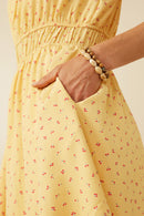 Womens Ditsy Print Button Detail Square Neck Puff Sleeve Dress Detail