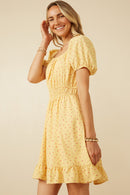 Womens Ditsy Print Button Detail Square Neck Puff Sleeve Dress Side