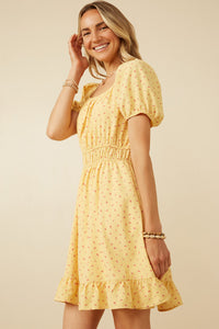 Womens Ditsy Print Button Detail Square Neck Puff Sleeve Dress Side