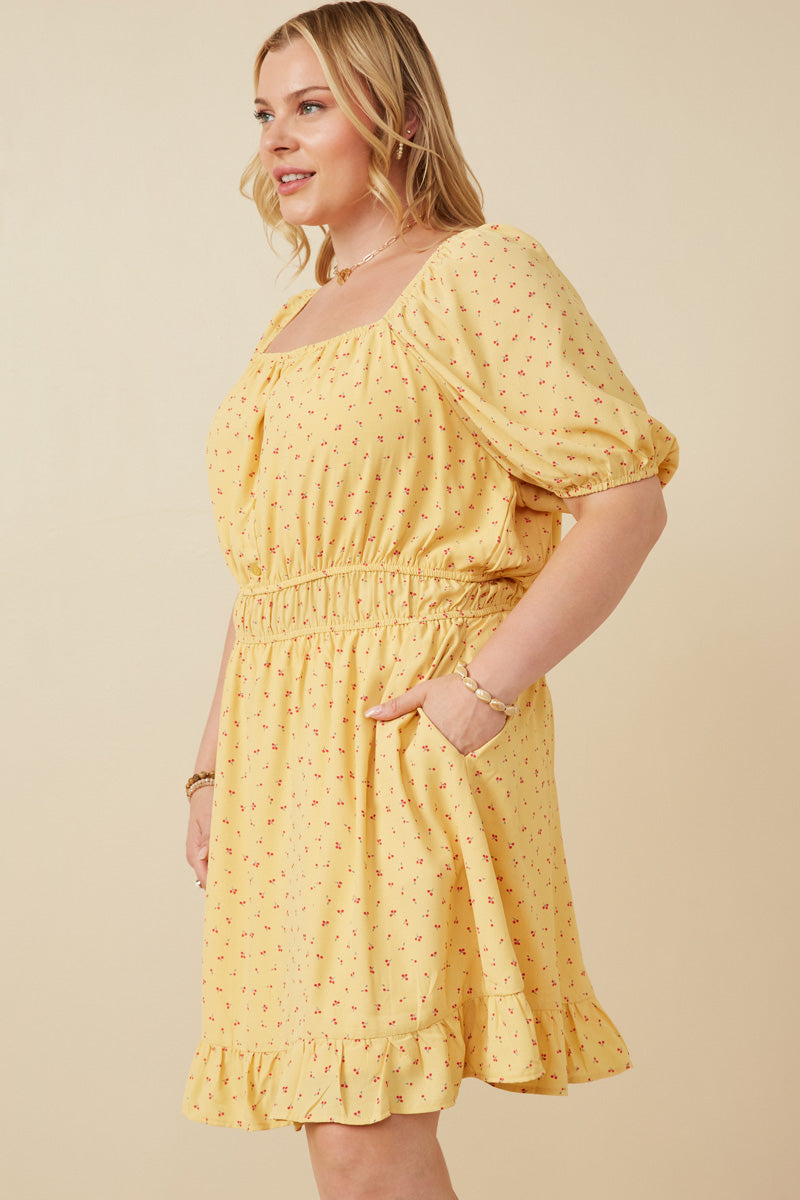 Plus Ditsy Print Button Detail Square Neck Puff Sleeve Dress Side