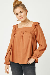 HN4008 BROWN Womens Ruffle Shoulder Square Neck Long Sleeve Top Front
