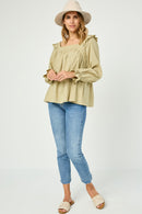HN4008 SAGE Womens Ruffle Shoulder Square Neck Long Sleeve Top Full Body