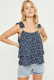 HN4017 Navy Womens Floral Pleated Strap Layered Tank Front