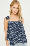 HN4017 Navy Womens Floral Pleated Strap Layered Tank Pose