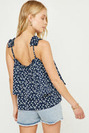 HN4017 Navy Womens Floral Pleated Strap Layered Tank Side
