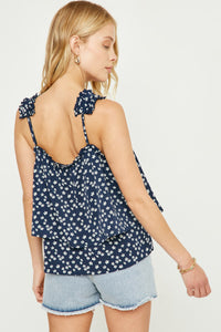 HN4017 Navy Womens Floral Pleated Strap Layered Tank Side