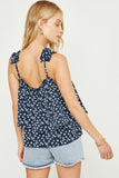 HN4017 Navy Womens Floral Pleated Strap Layered Tank Side