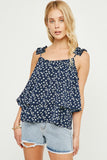 HN4017 Navy Womens Floral Pleated Strap Layered Tank Back