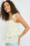 HN4017 Off White Womens Floral Pleated Strap Layered Tank Side