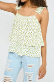 HN4017 Off White Womens Floral Pleated Strap Layered Tank Detail