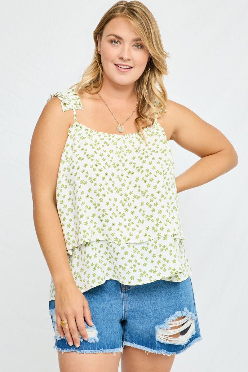 HN4017W Off White Plus Floral Pleated Strap Layered Tank Front
