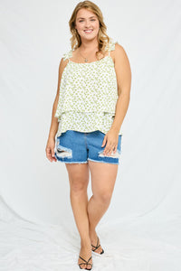 HN4017W Off White Plus Floral Pleated Strap Layered Tank Full Body