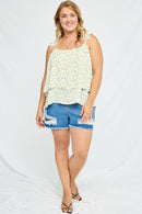 HN4017W Off White Plus Floral Pleated Strap Layered Tank Full Body