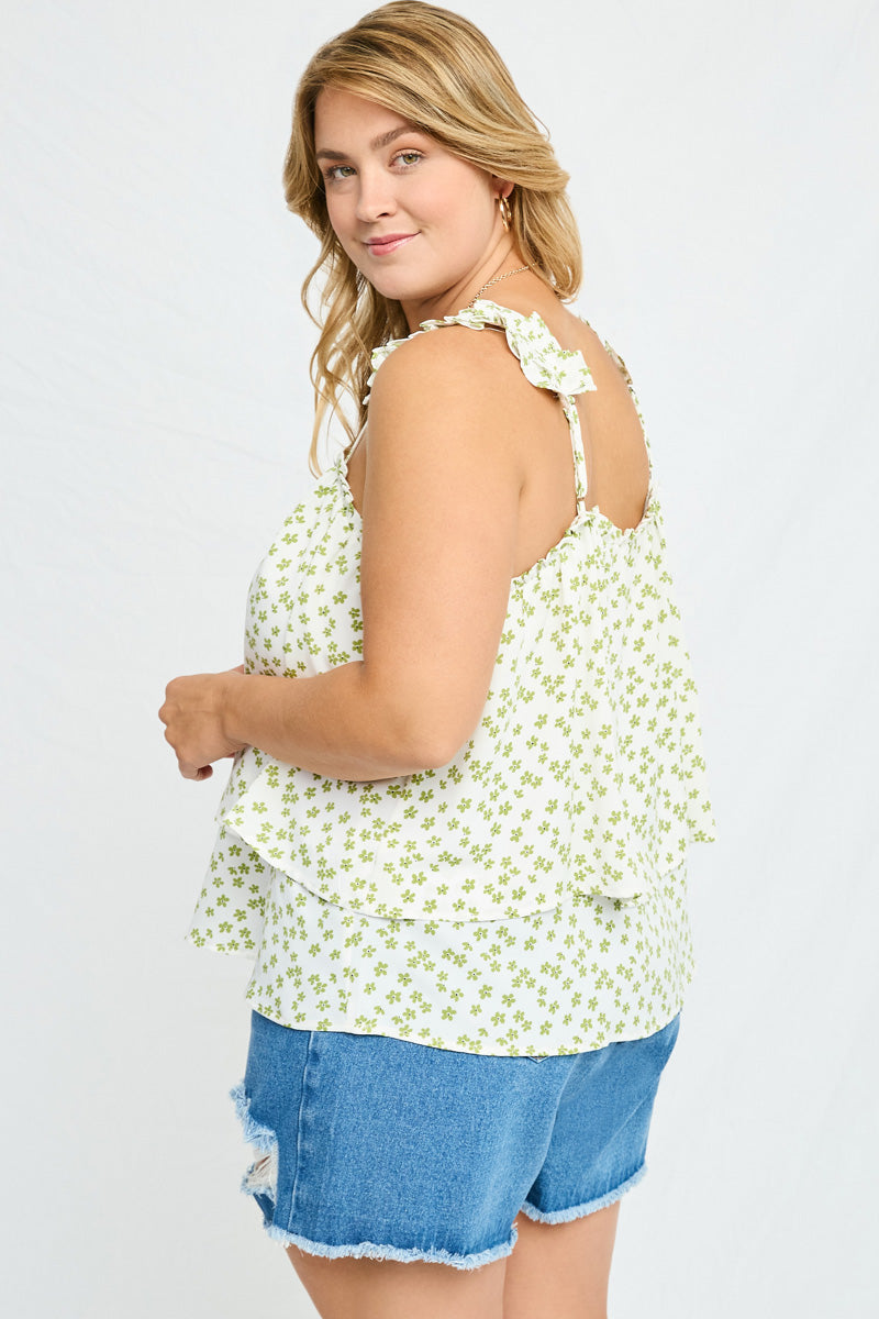 HN4017W Off White Plus Floral Pleated Strap Layered Tank Back