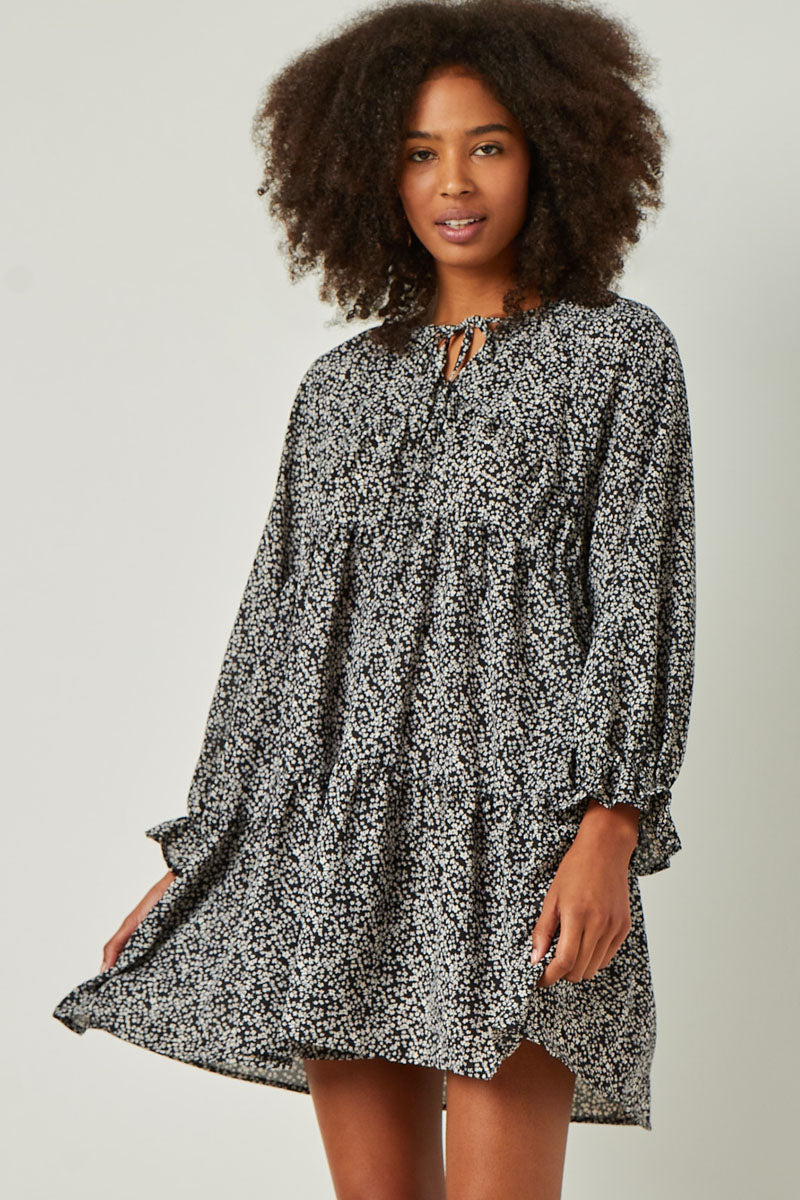 Ditsy Floral Tie Neck Long Sleeve Dress