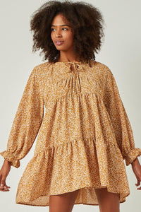 HN4117 MUSTARD Womens Ditsy Floral Tie Neck Long Sleeve Dress Front