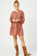 HN4117 RUST Womens Ditsy Floral Tie Neck Long Sleeve Dress Full Body