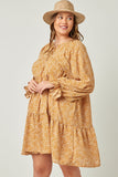 HN4117W MUSTARD Plus Ditsy Floral Tie Neck Long Sleeve Dress Front
