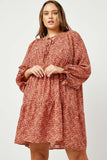 HN4117W RUST Plus Ditsy Floral Tie Neck Long Sleeve Dress Front