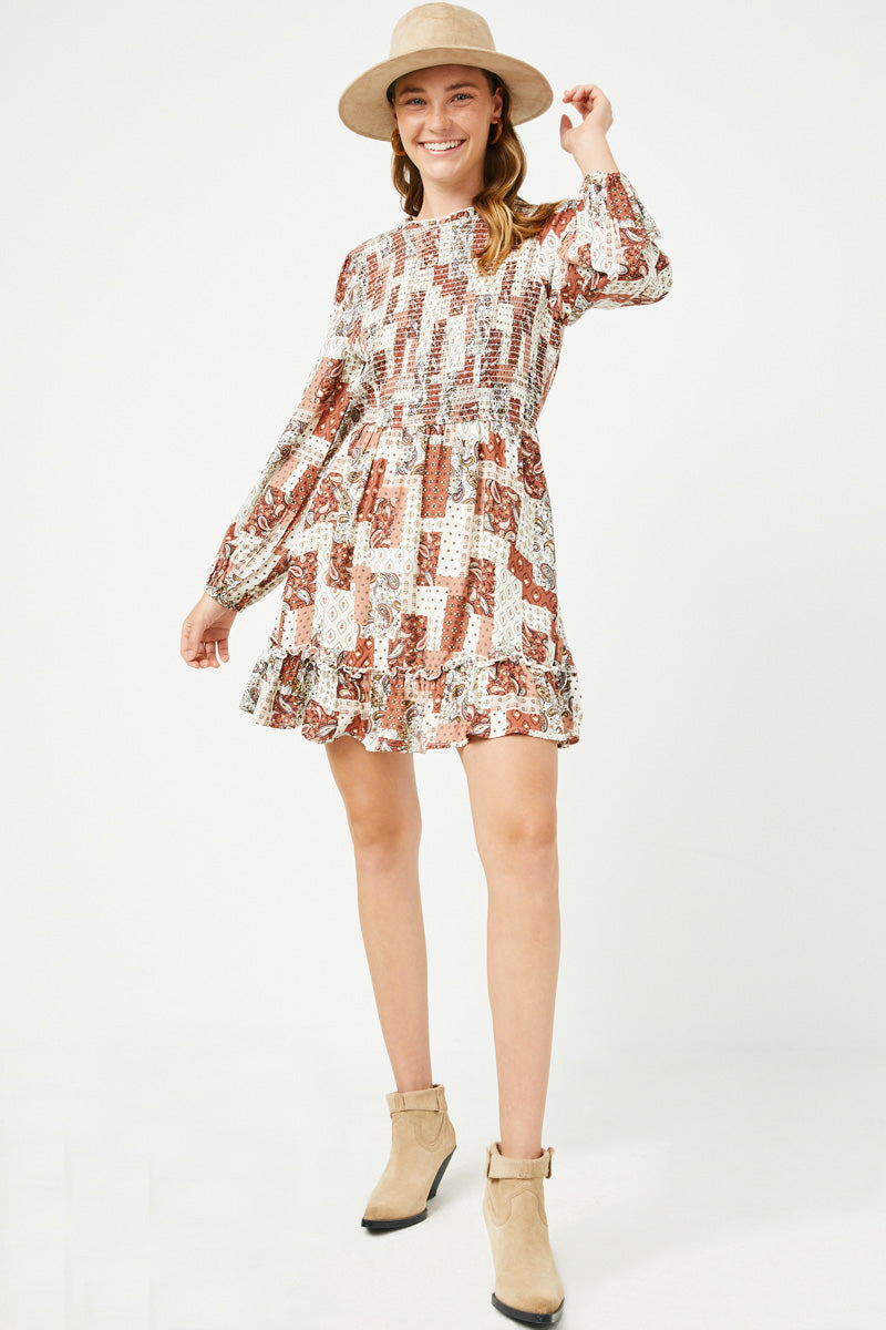Paisley Patchwork Print Smocked Dress