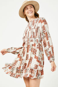 HN4118 RUST Womens Paisley Patchwork Print Smocked Dress Side