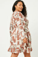 HN4118W RUST Plus Paisley Patchwork Print Smocked Dress Side