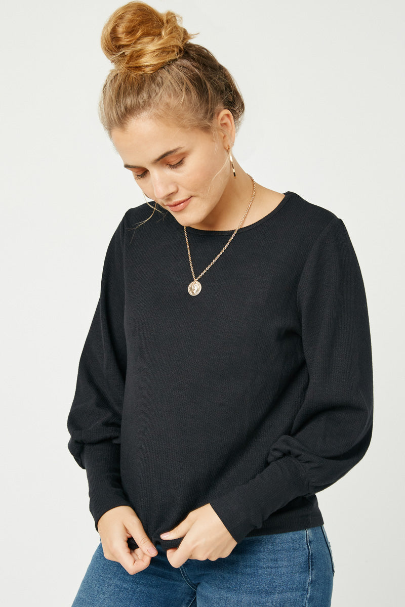 Textured Rib Exaggerated Cuff Knit Top