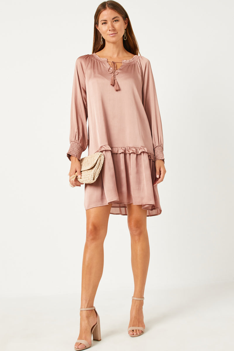 smocked satin dress The Emmie Satin Flowy Smocked Dress in Black M
