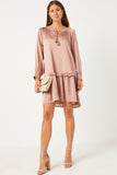 Satin Look Smocked Cuff Tie Neck Dress