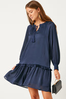HN4196 NAVY Womens Satin Look Smocked Cuff Tie Neck Dress Front