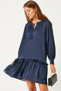HN4196 NAVY Womens Satin Look Smocked Cuff Tie Neck Dress Front